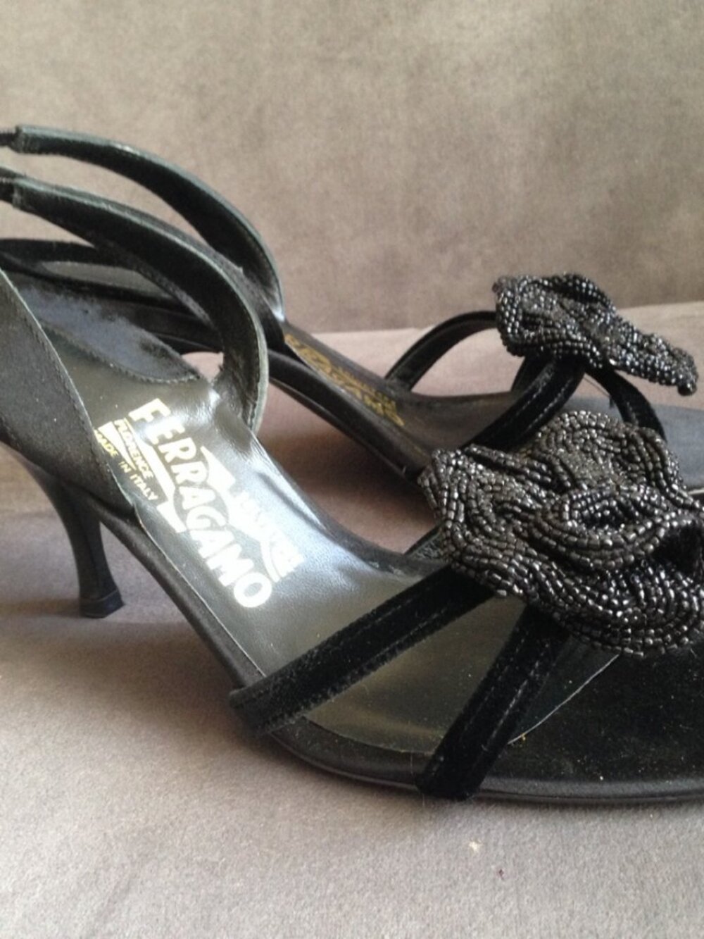 Salvatore Ferragamo Tamy Velvet Slingback Sandals Black Beaded Flower